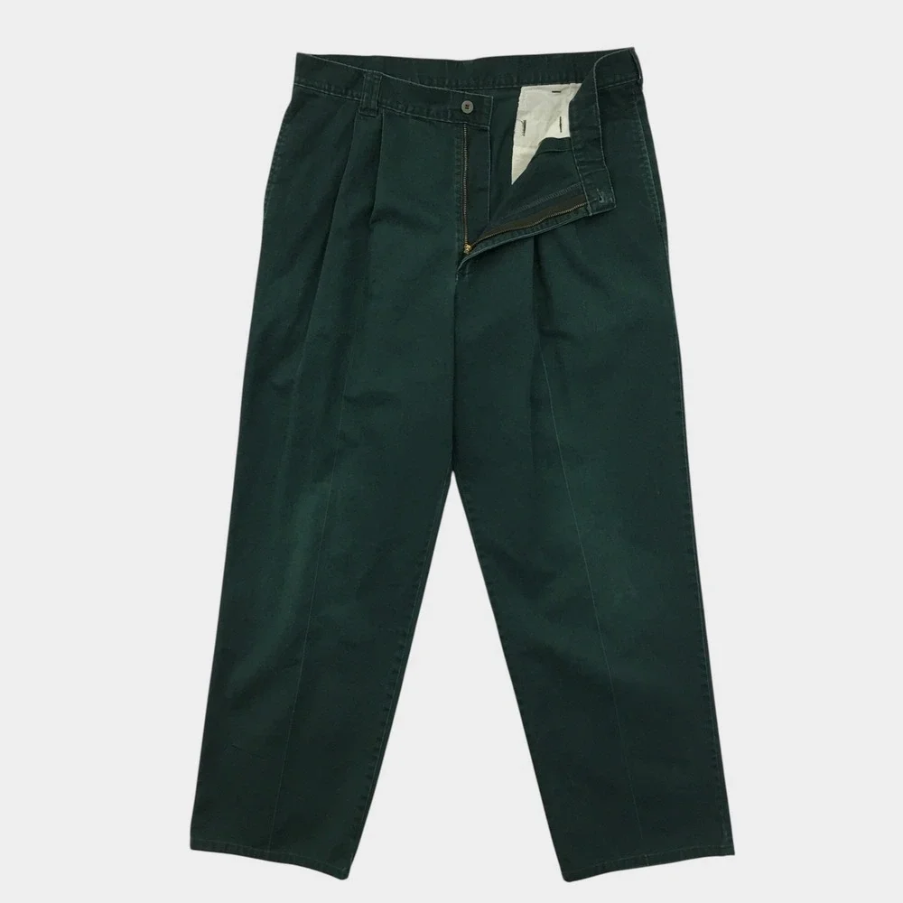 VINTAGE Mens Double Pleated Relaxed Chino Pants Green Cotton Made in USA 34x29